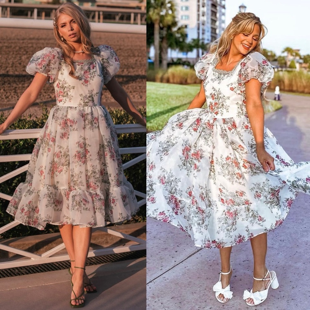 JessaKae White Floral Midi Dress with Pink & Green Bouquet Print